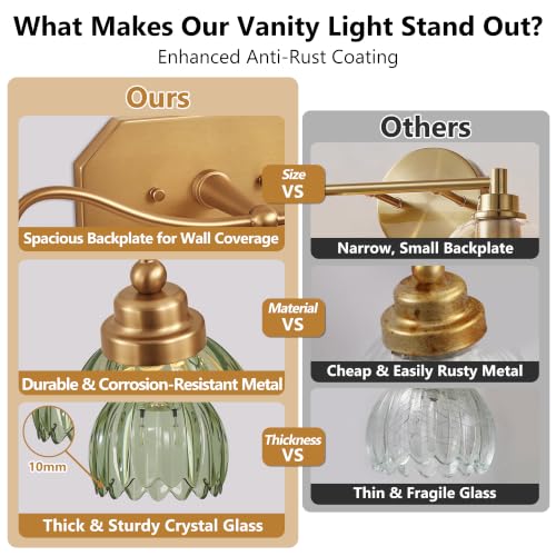 Image of Vintage Gold Vanity Lights, 4 Light Tulip Crystal, Antique Brass Finish | Brushed Gold Bathroom Light Fixtures, Green Wall Sconce Ideal for Bedroom, Living Room, E26 Compatible, Easy Install