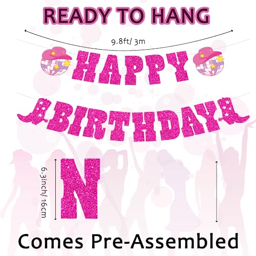 Image of Western Cowgirl Happy Birthday Decorations,Glitter Banner Boot and Cowgirl Hat Disco Ball Garland for Disco Party Girls Birthday Bachelorette Party