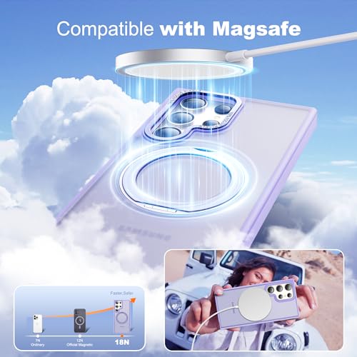 Image of Compatible with Samsung Galaxy S24 Ultra Case with 360Rotatable Magnetic Ring Stand Compatible with Mag-Safe Military Protection Matte Translucent Phone Cases for S24 Ultra 6.8 inch,Purple
