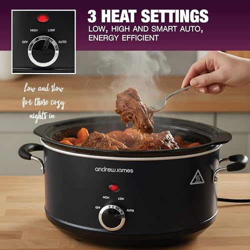 Image of Andrew James 3.5L Slow Cooker - Sear-to-Simmer - Large Hob-Proof Aluminium Pot, Shatter-Resistant & Easy-Clean Design 3 Heat Settings & Glass Lid, Ideal for Family Meals (Matt Black)