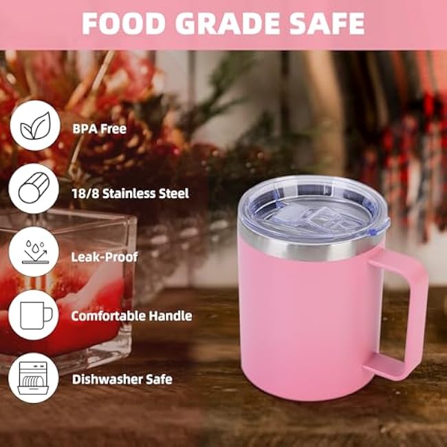 12 oz Insulated Tumbler with Lid and Handle for Hot and Cold Drinks, Cold Iced Travel Coffee Mug no Spill for Adults, Reusable Stainless Steel Water Cup Thermal for Kitchen Outdoor, Pink