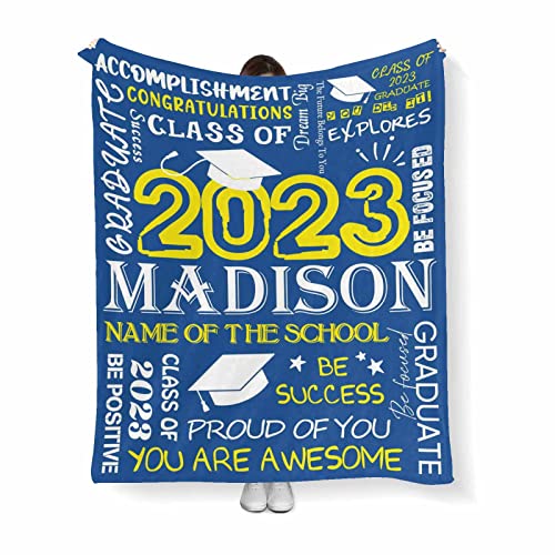 MyPupSocks Custom Personalized Name Fleece Blankets Graduate School Text Name5 2023 Graduation Decorations Navy 50\"x60\"