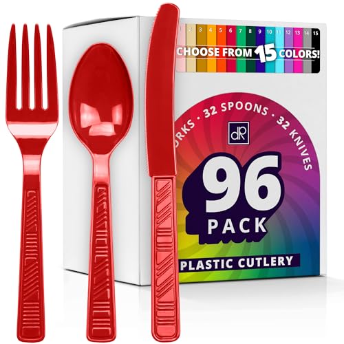 DecorRack Plastic Cutlery Set Red Colored Plastic Silverware Sets for Parties 96 Piece Bulk Heavy Duty Utensils (Red 96 Pieces)