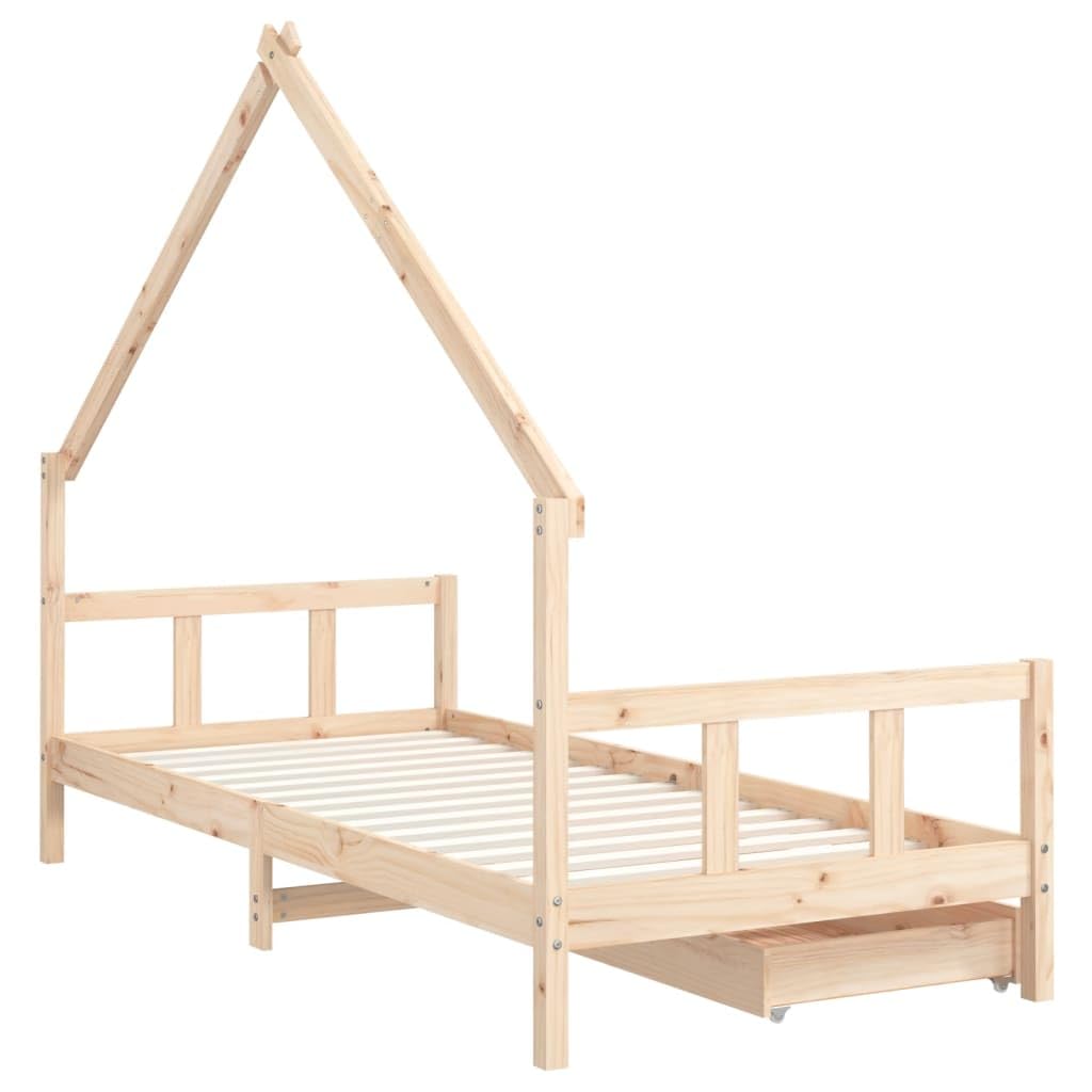 Rama łóżka dziecięcego z litego drewna sosnowego 90x200 cm z szufladami do przechowywania, niskie łóżko pojedyncze dla malucha z solidnymi listwami, nowoczesny design stymulujący kreatywność