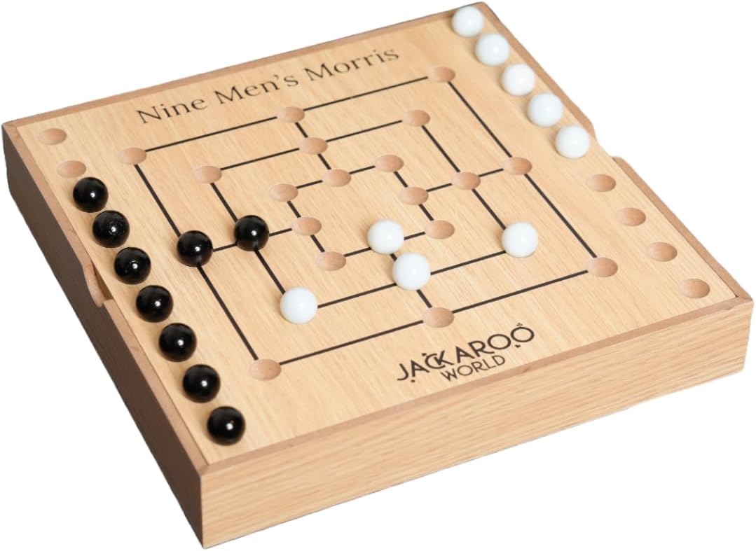 Nine Mens Morris Board Game, Marble Strategy Game, Solid Wooden Game with 18 Marbles, 2 Player Games, Ancient Board Games, 9 Mens Morris Game Mill, Strategy Games for Adults (Walnut)
