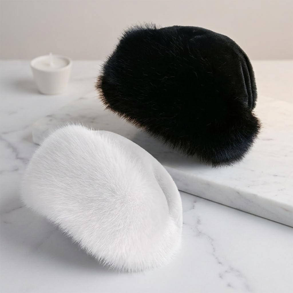 Women's Winter Hat Faux Russian Style Warm Cap White Black
