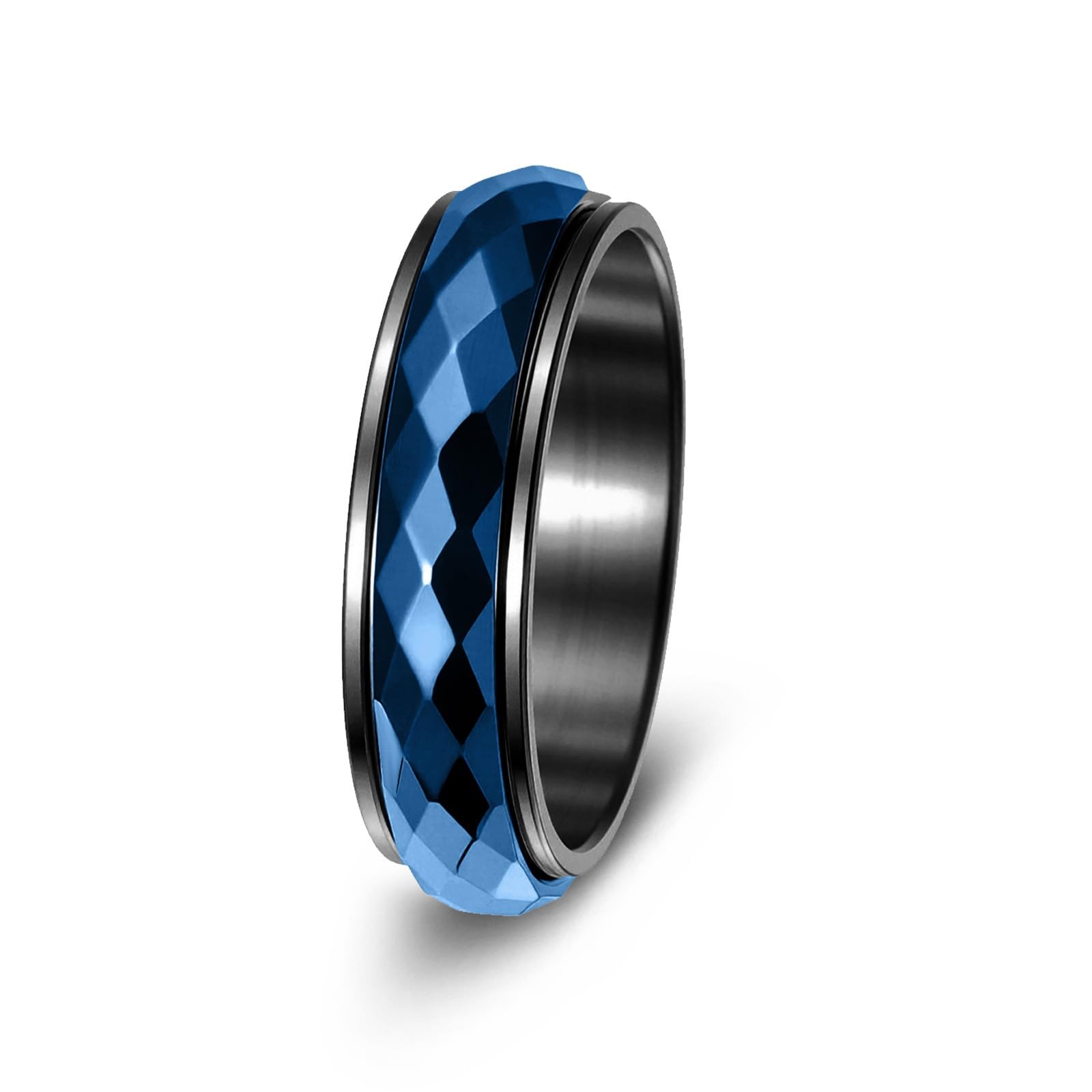 VHJdtE Rings, Faceted Diamond-Cut Titanium Steel Rotatable Ring Shiny Geometric-Cut Relief Spinning Jewellery(Blue,M)