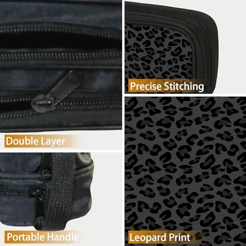 Image of WOBAGMEN Double Layer Pencil Case with Handle Large Pencil Bag Cute Print Pencil Pouch for Boys Girls (Black Leopard)