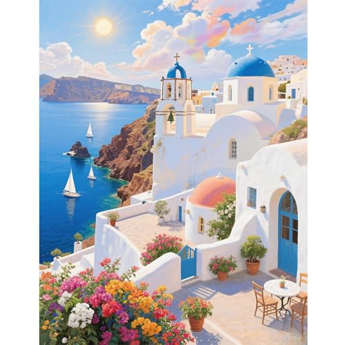 TDFERAN Peinture Diamant 5D Fleurs Plage Paysage Grec 40X50cm Diamond Painting Santorini Peinture...
