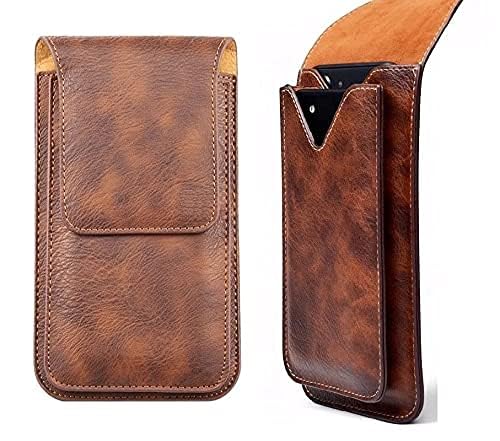 Helix Pouch Genuine Leather Double Mobile Pouch Waist Bag Pack Compatible for Sony Xperia 1 V - Brown (2 Pocket Compatible for 6.5 inch and 5.5 inch Mobile)