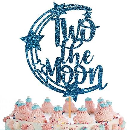 Image of Two the Moon Cake Topper | Happy 2nd Birthday Cake Topper | 2nd Birthday Party Decoration Supplie | Smash Cake Decoration | Photo Booth Props | Blue Glitter