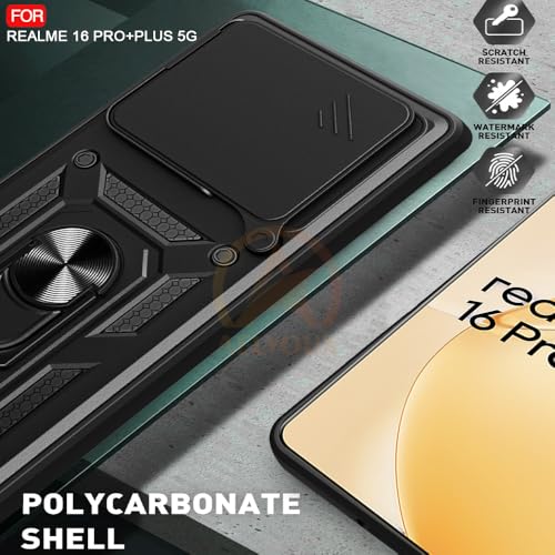 Image of Armor Bumper Back Cover Case for Realme 16 Pro Plus 5G Rotating Camera Cover, Ring Holder & Kickstand | Heavy Duty & 360 Degree Protection Realme 16 Pro Plus 5G Back Cover (Black)