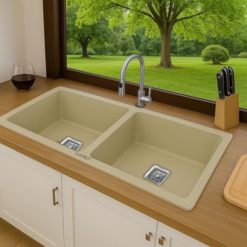 Image of EVANEX Quartz Kitchen Sink|Double Bowl Sink for Kitchen|Topmount /Undermount Kitchen Sinks|Choco-White Double Sink with Connector, Waste Pipe, Coupling and Drain Basket|45x20x9 Granite Kitchen Sinks