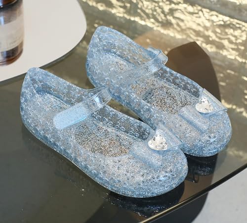 Image of Princess Dress Sandals Jelly Shoes for Toddler Girls Size 8, Blue Bird Nest Layered Lines Mary Jane Flats Childrens Clear Glitter with Hollow-Carved