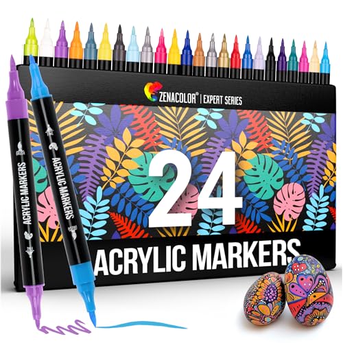 Zenacolor 24 Acrylic Paint Markers - Dual Tip (Fine Brush Tip) - Acrylic Paint Pens for Wood Canvas Stone Rock Painting Glass Ceramic Surfaces DIY Crafts Making Art Supplies.