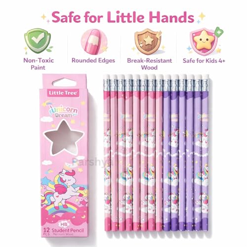 Image of KiddieWorld Unicorn Dream HB Pencil Set for Kids (12 Pcs) Cute Printed Wooden Student Pencils with Eraser Dark Smooth Writing, Break Resistant Lead School Stationery Gift Return Gifts for Girls Boys
