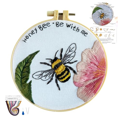 Image of YOUA Honeybee Embroidery Starter Kit for Beginners,Flower Cross Stitch Kits for Adults, Include Embroidery Clothes with Cute Bees and Flowers Patterns,Threads, Needles and Instruction