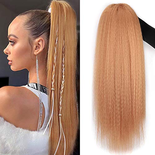 24inch Long Synthetic Wrap Around Drawstring Ponytail Extension Light Brown Hairpiece Yaki Ponytail for Women