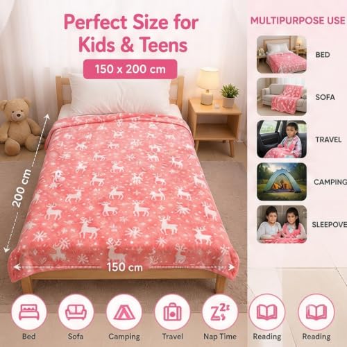 Image of Glow in The Dark Blanket for Kids Pack of 2 (Pink & Peach) | Soft Fleece Reindeer Throw Blanket with Snowflake Glow Design | Warm Flannel Blanket| Winter Bed Blanket | 150 x 200 cm