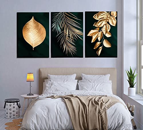Kit 3 Placas Quadro Decorativo Folhas Floral Dourado Gold