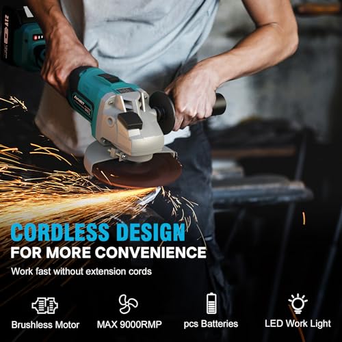 Meuleuse d'angle sans fil 125 mm, 21V Power Meuleuse d'angle avec 1PCS batterie 4.0Ah, moteur Brushless 9000RPM Meuleuse à métaux, disques à tronçonner 125mm, Flap Disc pour tronçonner, poncer – Image 4