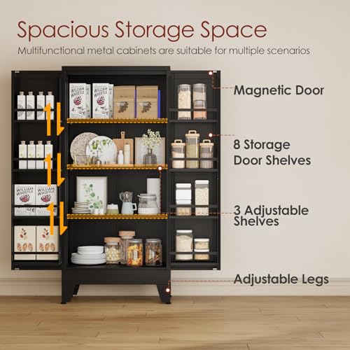 Image of winiowa Metal Kitchen Pantry Storage Cabinet, Pantry Cabinet with Doors and Adjustable Shelves, Steel Storage Cabinet for Kitchen, Dining Room, Living Room-Black