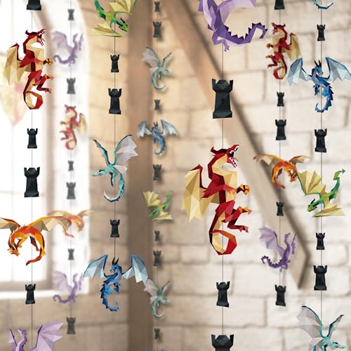 Image of Cheerland Dragon Party Decorations Dragon Garland Medieval Hanging Decorations Medieval Party Decor Castle Birthday Decoration Geometric Fantasy Fire Wings Banner Renaissance Theme Backdrop 6Pcs