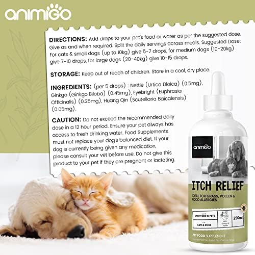 Herbal Cat and Dog Itchy Skin Relief Liquid - 250ml - Add Drops to Food/Water - Long Term Itchy Dog Skin Relief - 100% Natural Itchy Skin and Hot Spot Relief Drops for Dogs & Cats - Nourishes Skin
