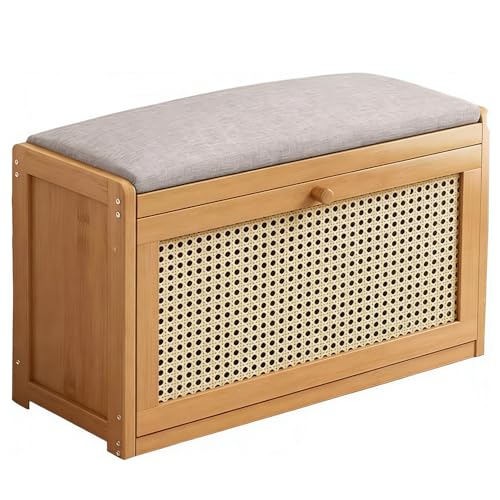 SXZenSpace Banco de ratán para Guardar Zapatos con cojín, Armario de Entrada de 2 Niveles con Estante Ajustable, de Madera para recibidor o Sala de Estar (50 cm)