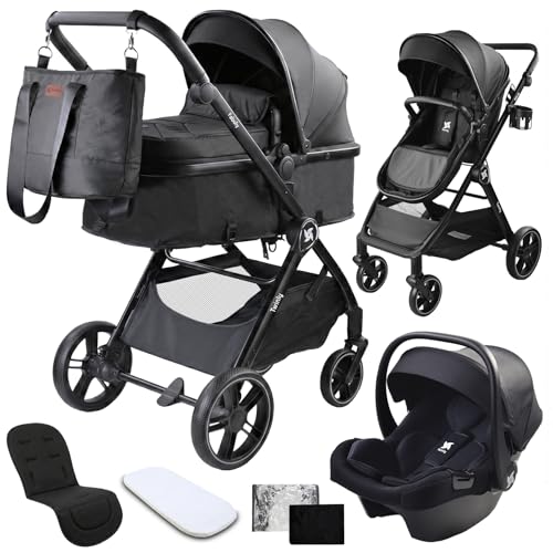 Twinly - Cochecito Bebé 3 en 1 con silla de coche i-size | Silla paseo reversible, Carrito con Plegado Compacto, Capazo con capota XXL, Incluye Bolso, Mosquitera, Plastico lluvia (Negro)