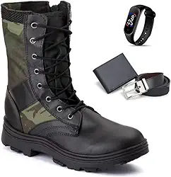 Bota Coturno Militar Tática Resistente de Couro Impermeável Resistente Com Zíper Ajustável + Carteira Cinto e Relogio