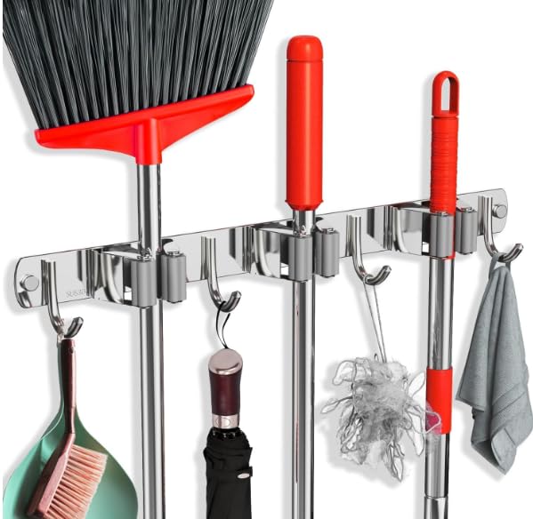 Mop and Broom Holder Wall Mount, Stainless Steel, 3 Slot & 4 Hook, Anti-Slip, Waterproof, Heavy Duty Organiser for Kitchen, Garage-image-22