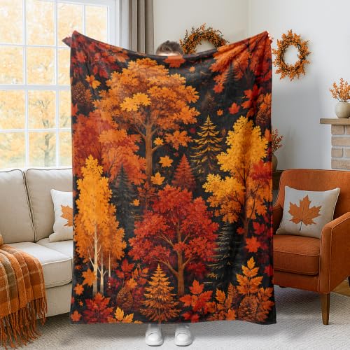 Couverture peluche 152x203 cm avec sapins rustiques orange