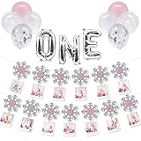 Snowflake Photo Banners kit, Pink 12 Months First Birthday Garland One Letter Balloons Latex Balloons For Baby Girls Winter Onederland Party Decorations