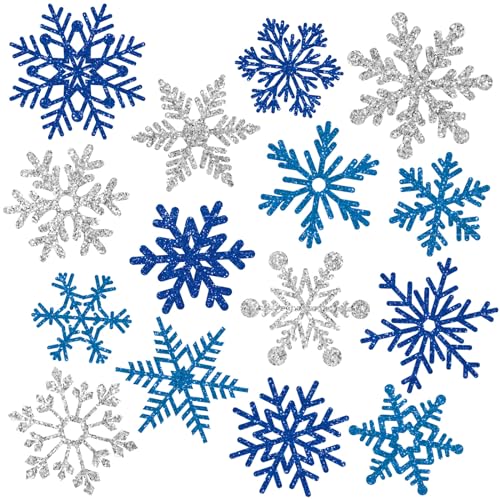 Imanes decorativos de copo de nieve azules y plateados, pack 15
