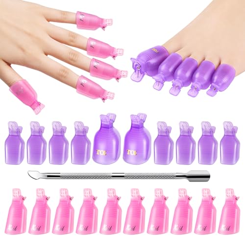 MelodySusie Nail Polish Remover Clips Kit 20PCS Nail Art Soak Off Cap Clips for Fingers and Toes with Double-Ended Cuticle Pusher Professional Nail Gel Remover Tools