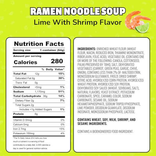 Maruchan Instant Lunch Ramen Noodles, Lime Flavor with Shrimp – Japanese-Style Instant Noodle Soup, Quick & Easy Meal – 2.25 Oz Cup, Pack of 12