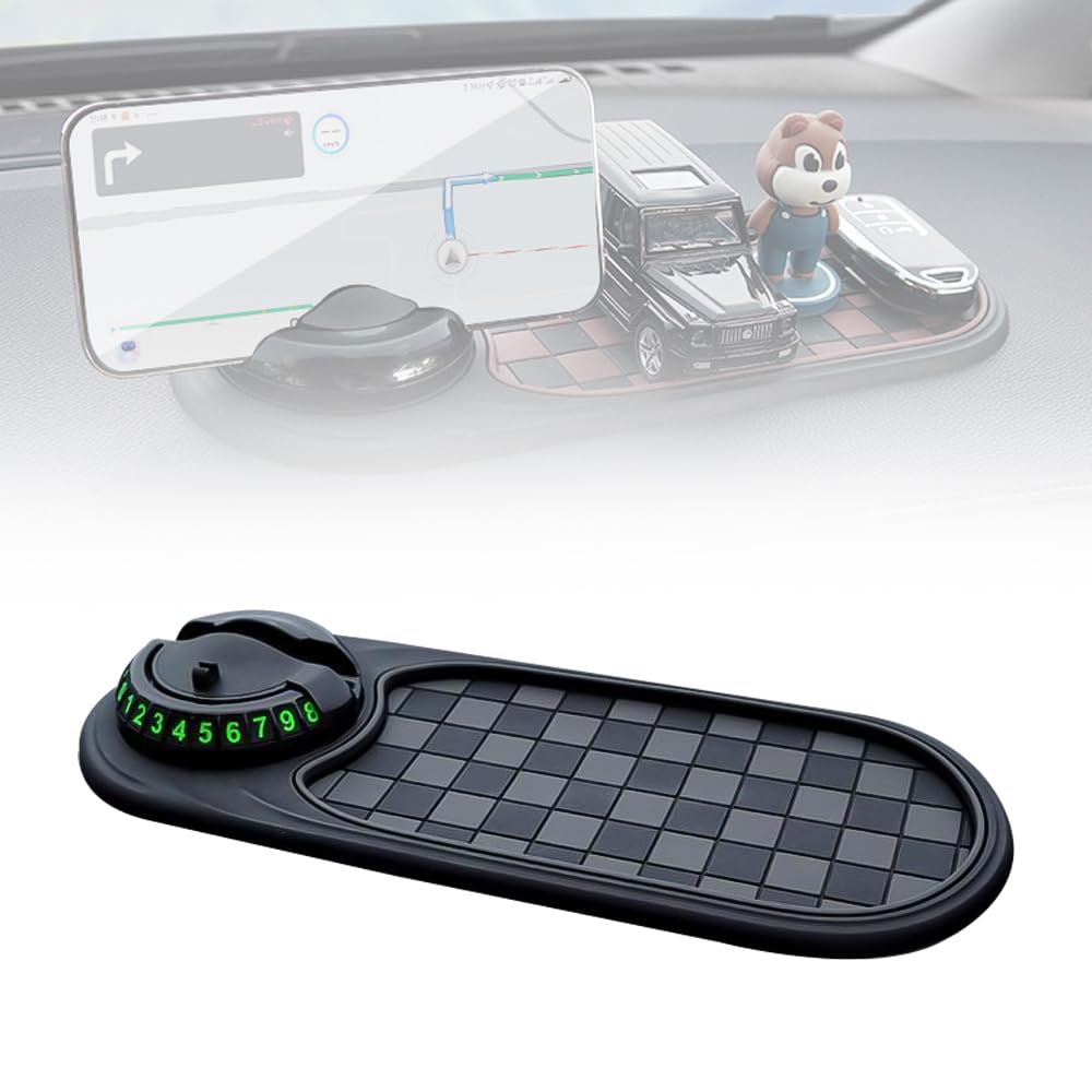 Multifunction Car Anti-Slip Mat, 2025 New Multifunctional Car Dashboard Mobile Phone Holder, Auto Universal Rotatable Anti Skid Car Dashboard Pad with Temporary Parking Number (Gray + Black Bracket)