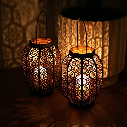 Large Moroccan Lantern Decorative Set of 2. Candle Lantern Decorative Moroccan. Outdoor Candle Lantern Set. Moroccan Lantern Candle. Black/ Copper 11x7x7