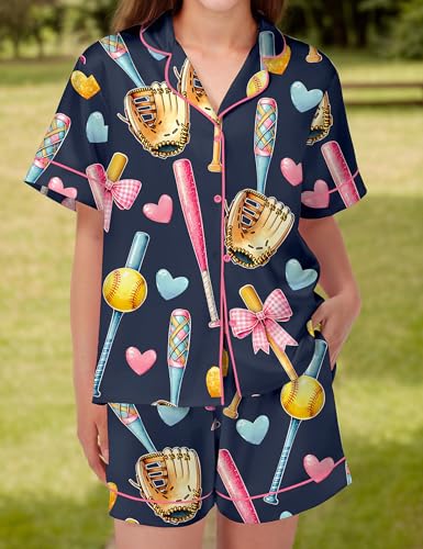 Image of SHESHOW Pajamas for Women Set Satin Button Down Short Sleeve Top and Shorts Pjs Sets Sport Ball Print Sleepwear XS-XXL
