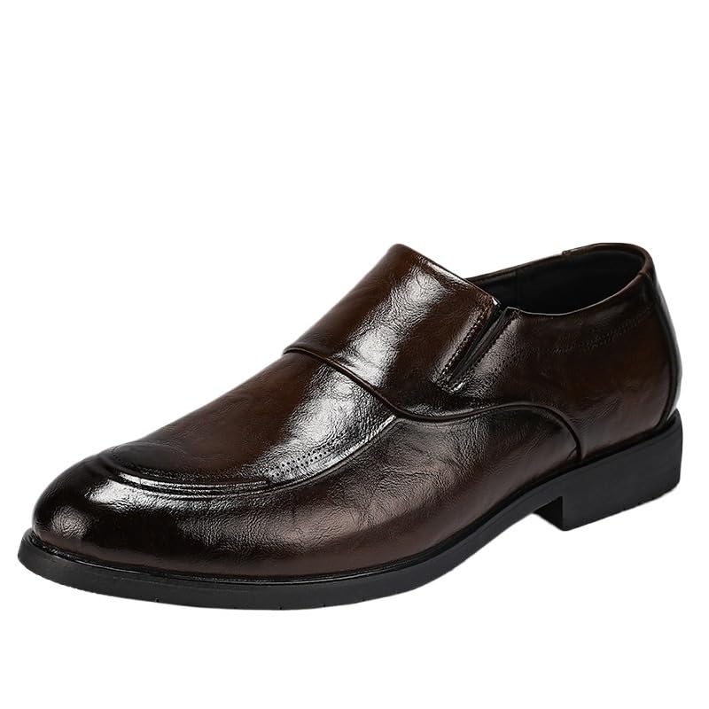 Formal Shoes for Men's Italian Leather Outdoor Slip On Plain Toe Business Slip Resistant Block Heel Anti-Slip Rubber Sole Shoe