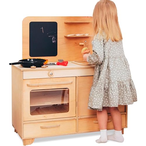 Kids Pretend Play Kitchen Wooden Montessori Playroom Furniture Nursery Decor Birthday Gift for Toddler Girl Wood Natural Baby Neutral Room (Natural)