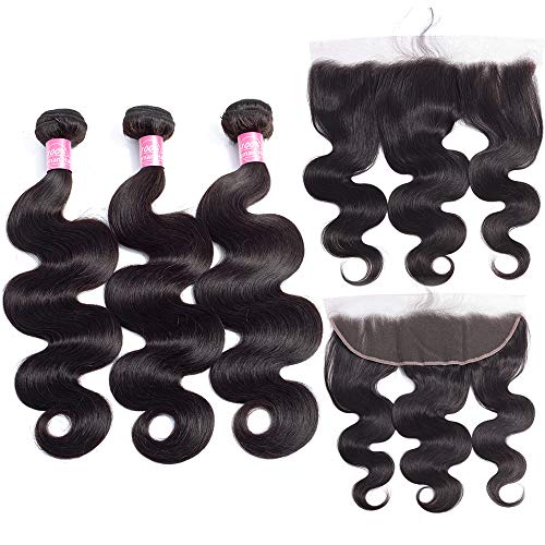 FQ Brazilian Body Wave Bundles with Frontal Human Hair Bundles with Lace Frontal(14 16 18+ frontal 12") 10A Virgin Hair 3 Bundles with Frontal Closure Ear To Ear 13x4 Frontal Closure 4 Bundle Deals