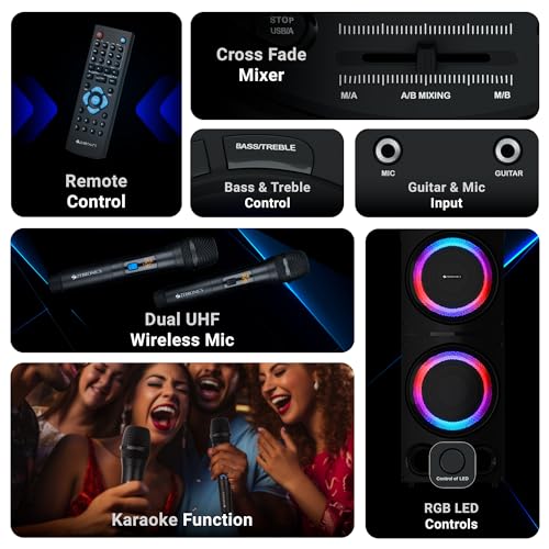Image of ZEBRONICS Knock Party DJ Speaker, 230W, Karaoke, Dual Wireless UHF Mic, Dual Bluetooth & USB, Guitar Input, Mic, Aux, A /B Cross Fader, RGB LED, Dual 20.32cm Full Range Drivers