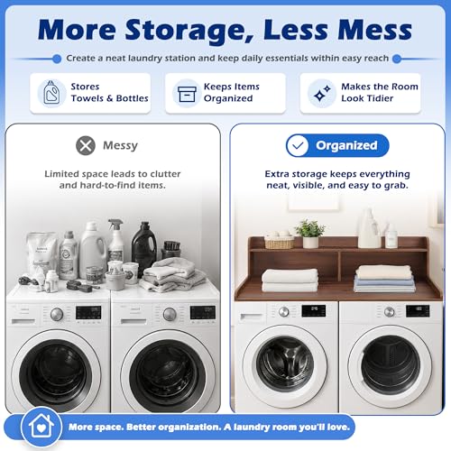 Image of Royxen Laundry Countertop with Storage Universal Fit, Washer and Dryer Countertop with Shelf, Laundry Room Storage, 2-Tier Shelf (Walnut)
