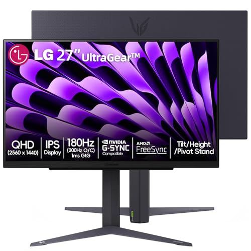 Image of LG 27 inch Ultragear QHD (2560x1440) IPS Gaming Monitor, 180Hz, 1ms, NVIDIA G-SYNC Compatible, AMD FreeSync, HDR10, HDMI, DisplayPort, Tilt /Height /Pivot Stand, Black