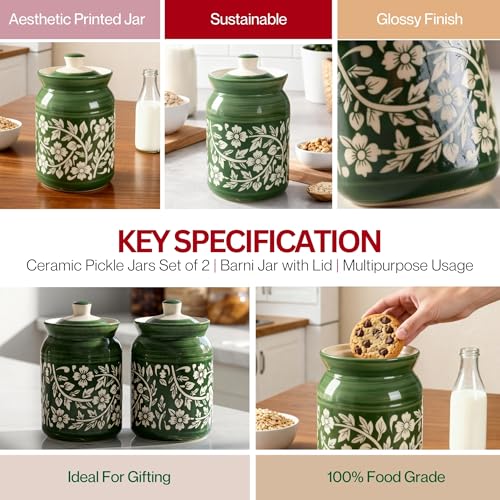 Image of Green Floral Ceramic Handglazed Pickle Jars Set of 2-1000 ML Each | 1 kg Achaar Martban Barni Jar with Lid | Ceramic Storage Jar Container Pickle, Chatney