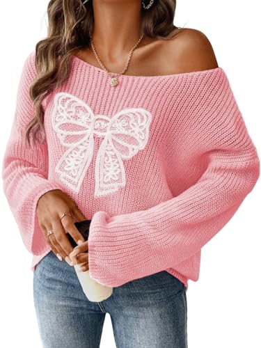 ShawGobow Bow Sweater Cute Coquette Off Shoulder Sweaters for Women Christmas Birthday Family Photo Outfits Pink Small