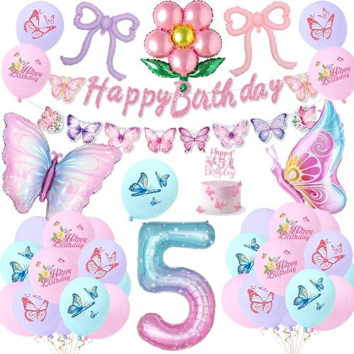 Geburtstagsdeko 5 Jahre Geburtstag Mädchen, Schmetterling Deko Set für 5 Jahre Kindergeburtstag mit Schmetterling 5. Geburtstag Luftballons in Pastell Rosa Lila Blau