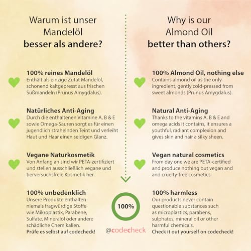 Foto von Mandelöl Süß BIO 50ml - 100% nativ, kaltgepresst, vegan, in Glasflasche - Anti-Aging Serum für Gesicht, Anti-Falten, Körper, Haare, Haut, Hände, Nägel - naturreines Basisöl